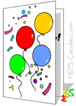 party balloons, confetti, birthday card