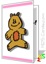 Simple yellow teddy bear with paw print on pink background cute card